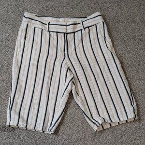 LOFT White, Black Striped Linen Blend Zip Chino Bermuda Shorts; Size 4